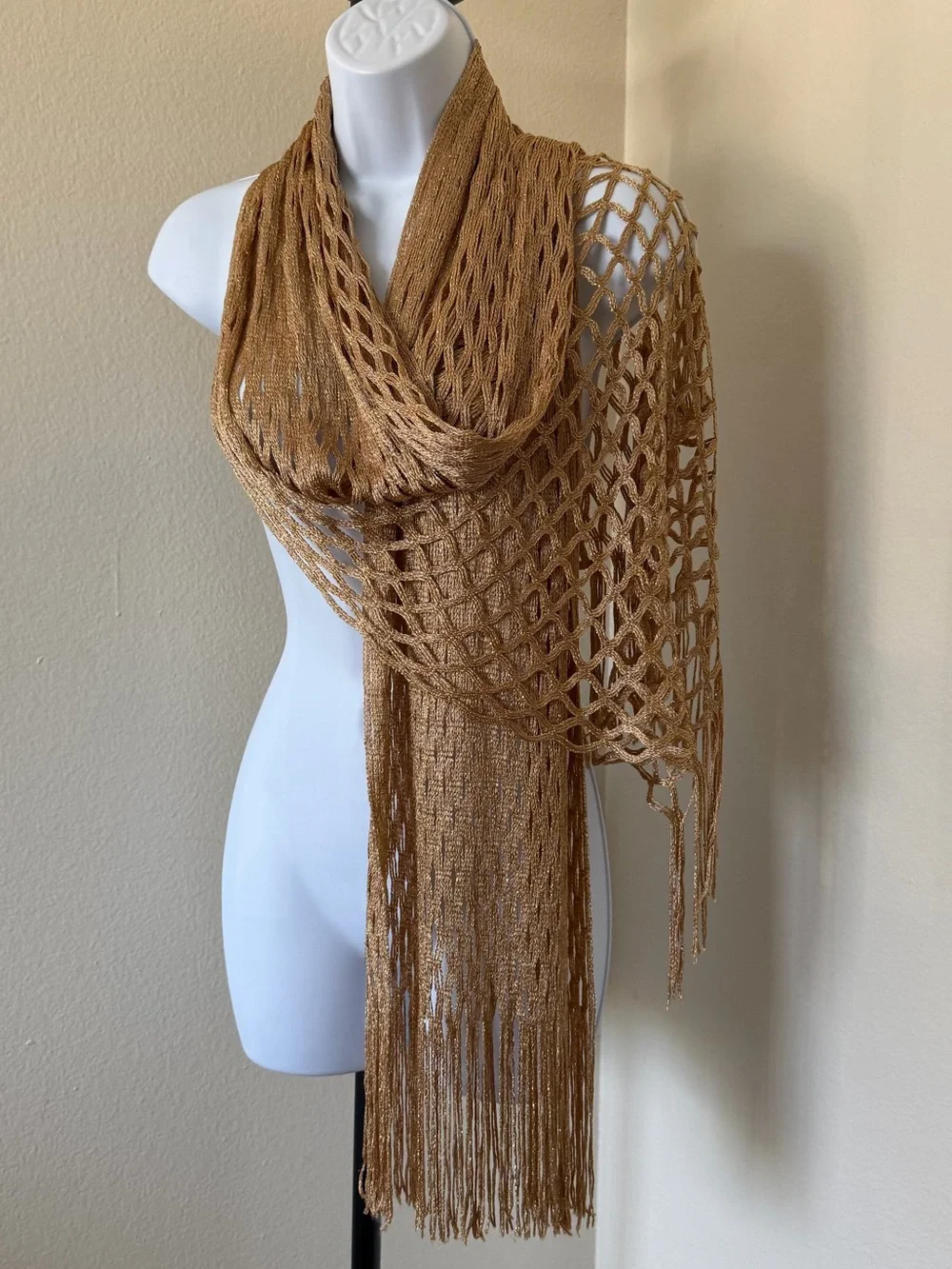 Vintage Y2K  Open-Weave Fringe Wrap shrug coverup in gold Tan